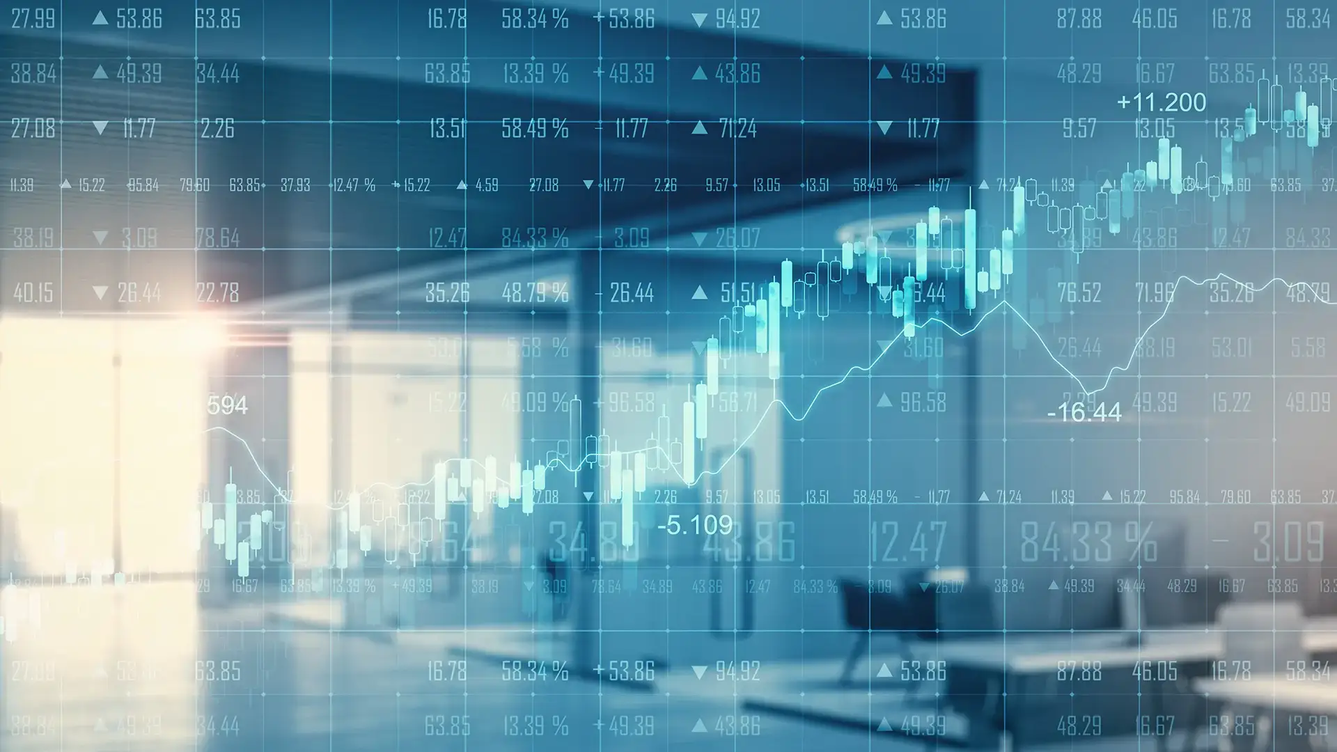 Financial data overlay in a bright modern workspac
