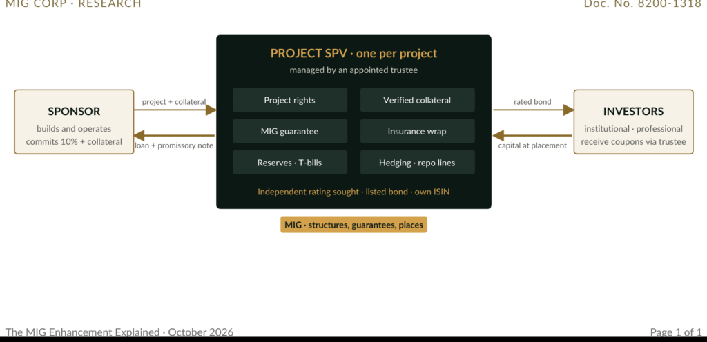 Figure 1 · The structure. The sponsor builds and operates; the vehicle holds the rights and services the bond; the trustee controls every payment.