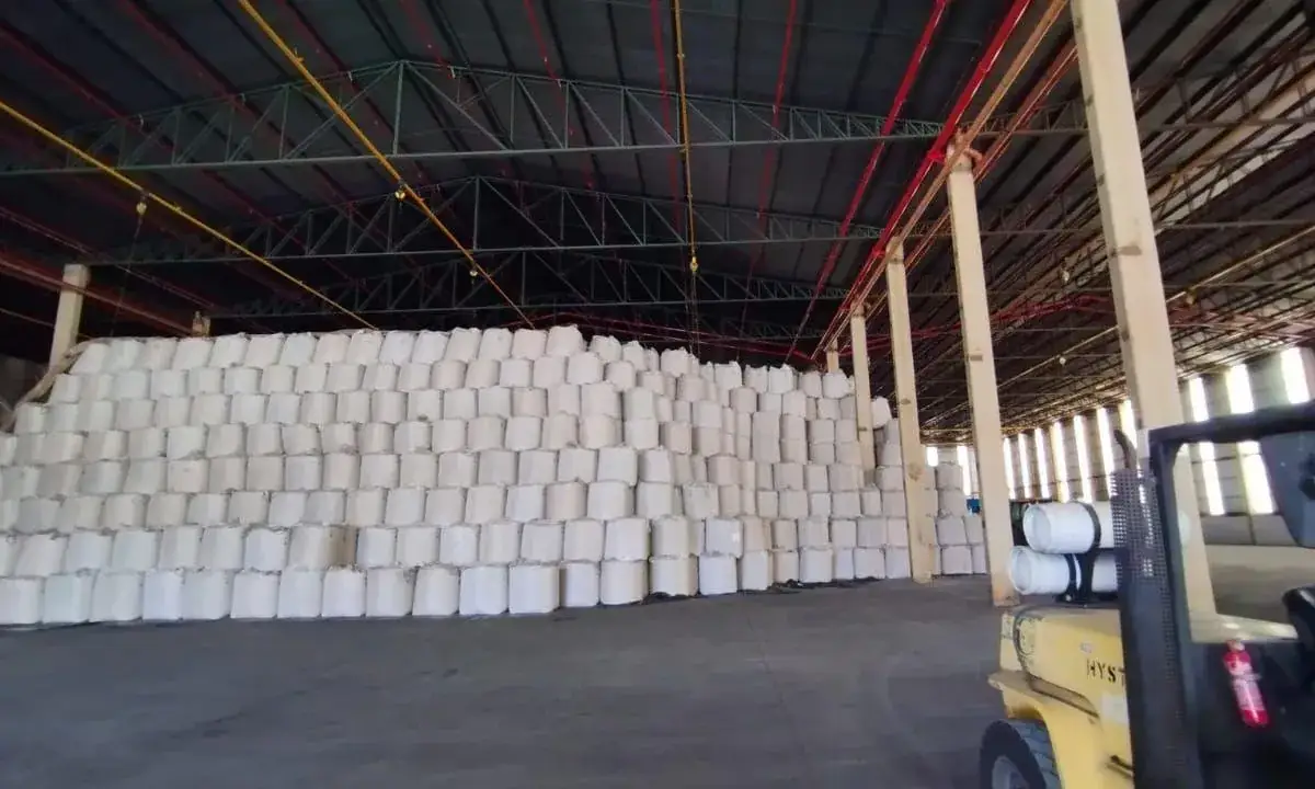 Bagged sugar stacked in a warehouse, Brazil