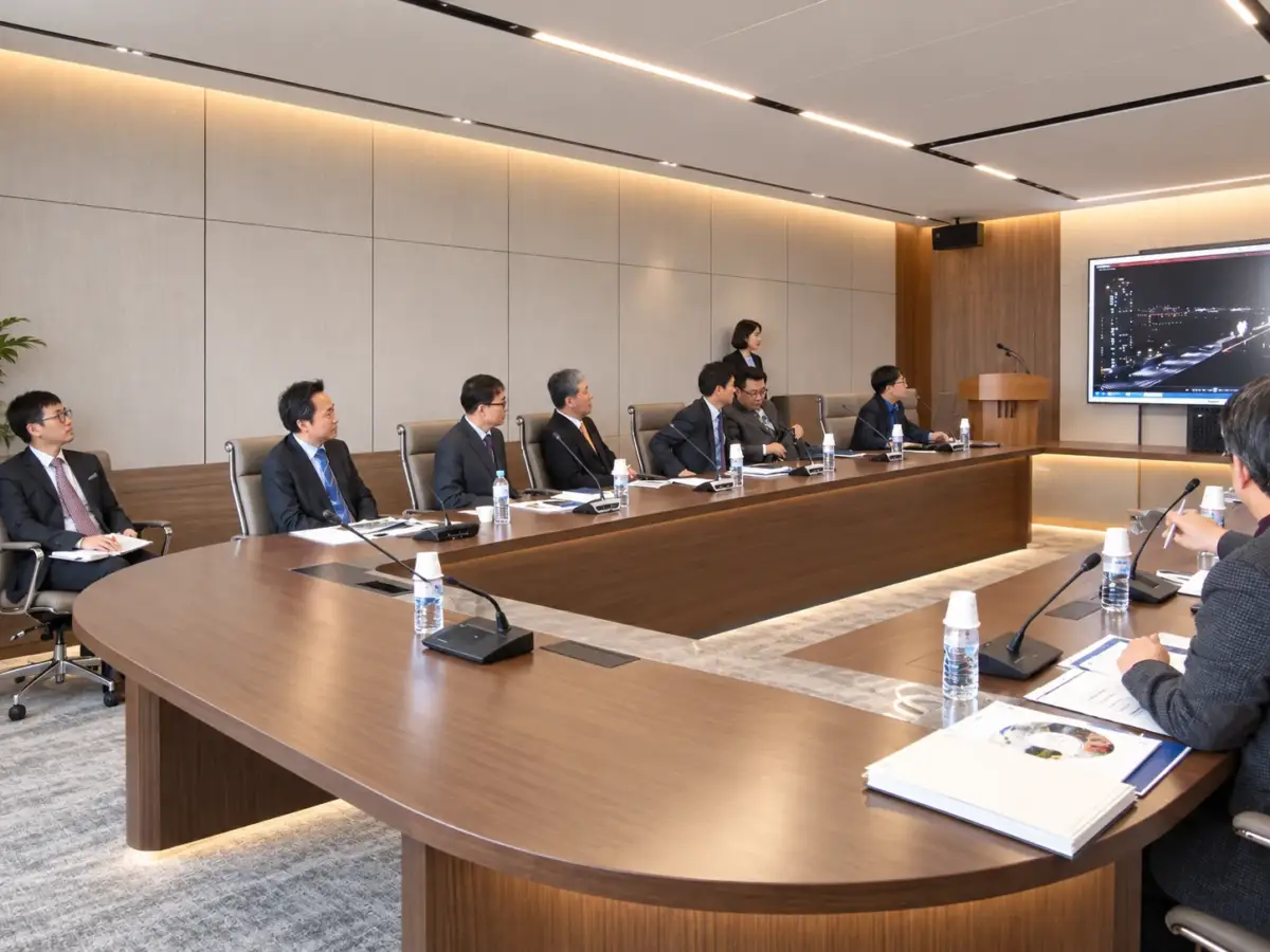 A MIG board meeting in progress, a city skyline on the display behind