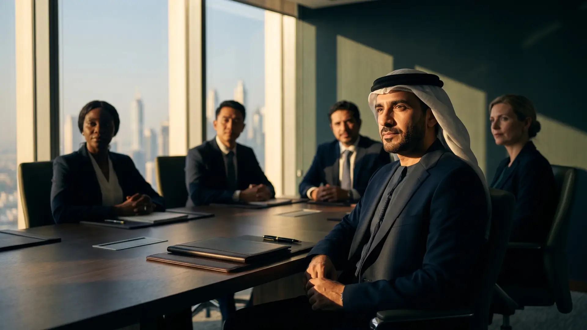 MIG executives around a boardroom table, Dubai skyline beyond the windows
